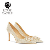 rose 日常可穿 女主婚纱新娘高跟鞋 castle婚宴鞋 金色方扣水晶婚鞋