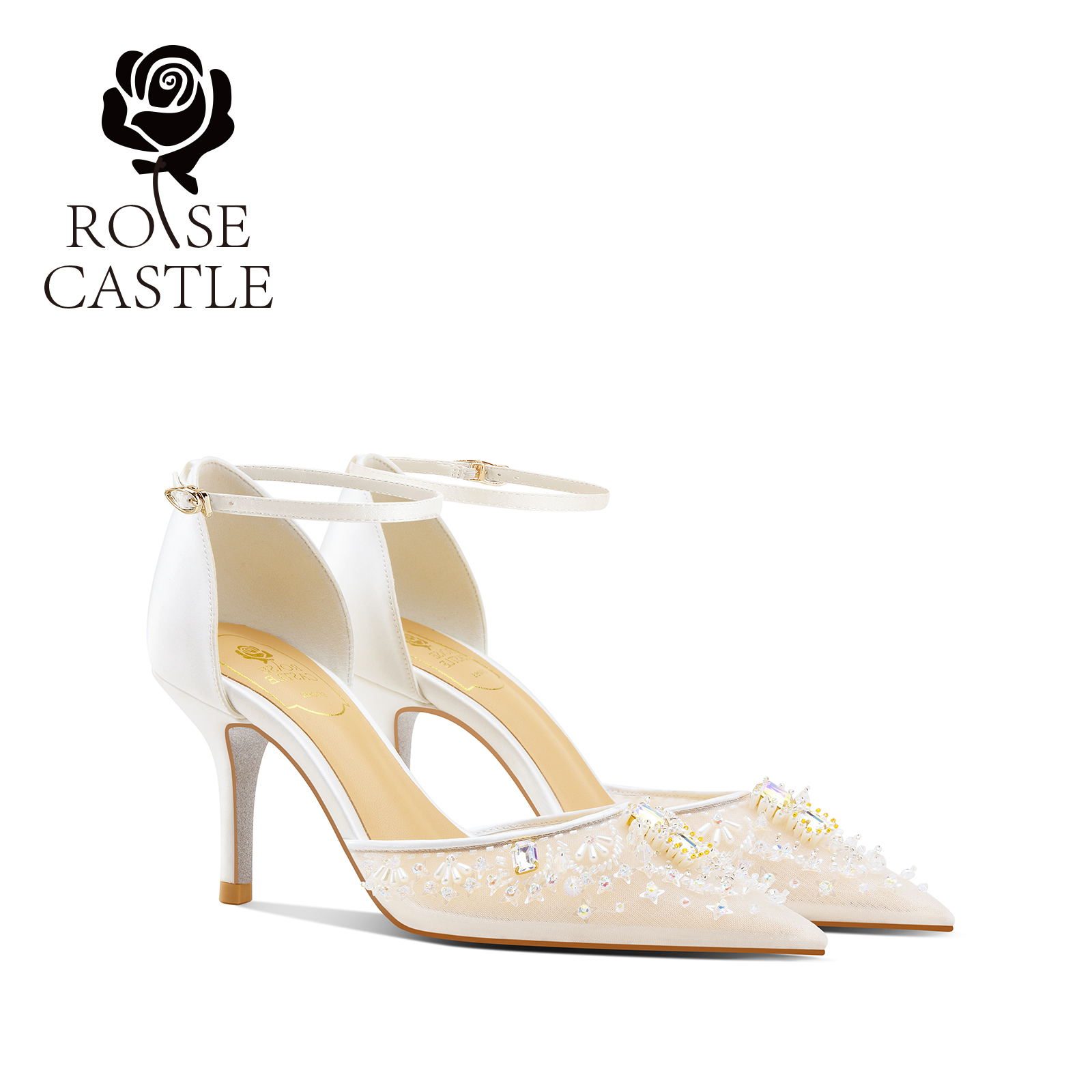 日月星辰rosecastle婚鞋女白色网纱高跟鞋一字带轻奢宴会时装凉鞋