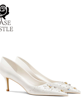 十二星座rose castle 原创手工刺绣婚鞋女新娘鞋白色绸缎高跟单鞋