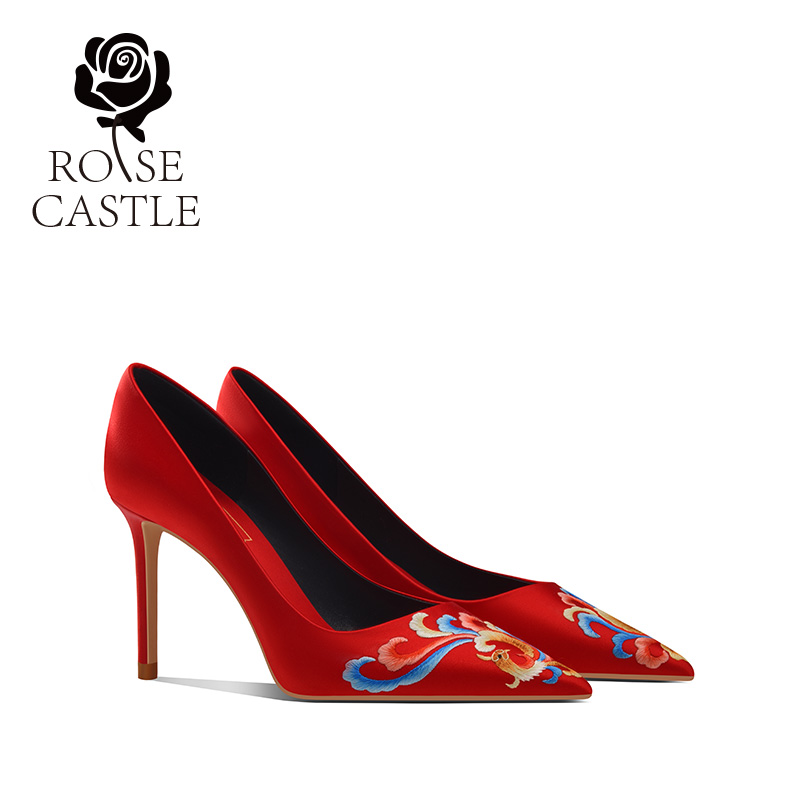 凤舞九天rosecastle原创手工刺绣婚鞋女中国红色新娘鞋婚礼高跟鞋