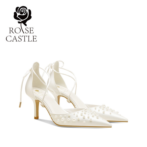 rosecastle缎面珍珠新娘鞋