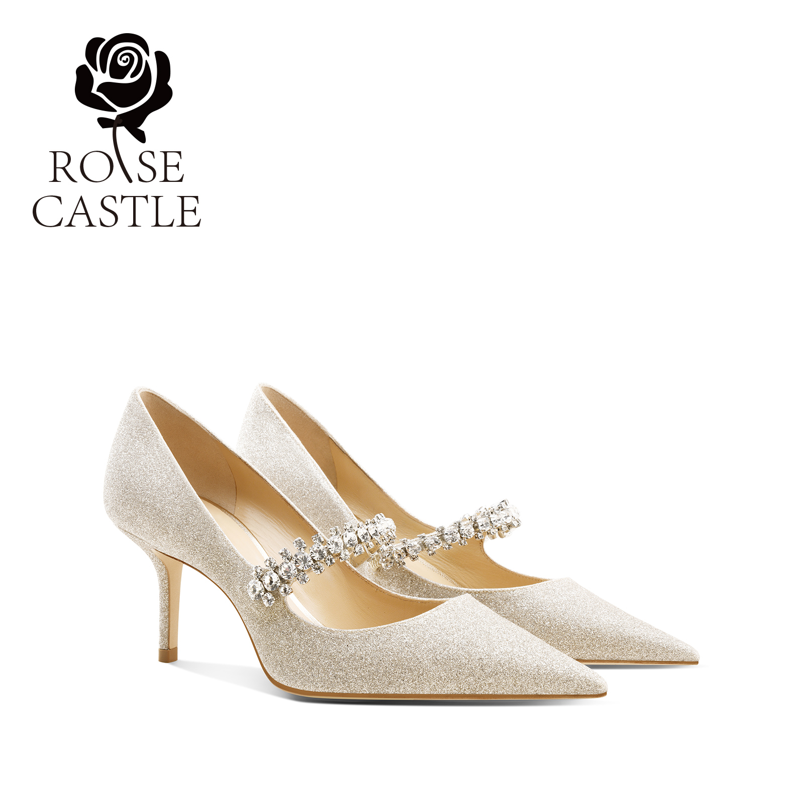 rosecastle一字带水晶婚鞋