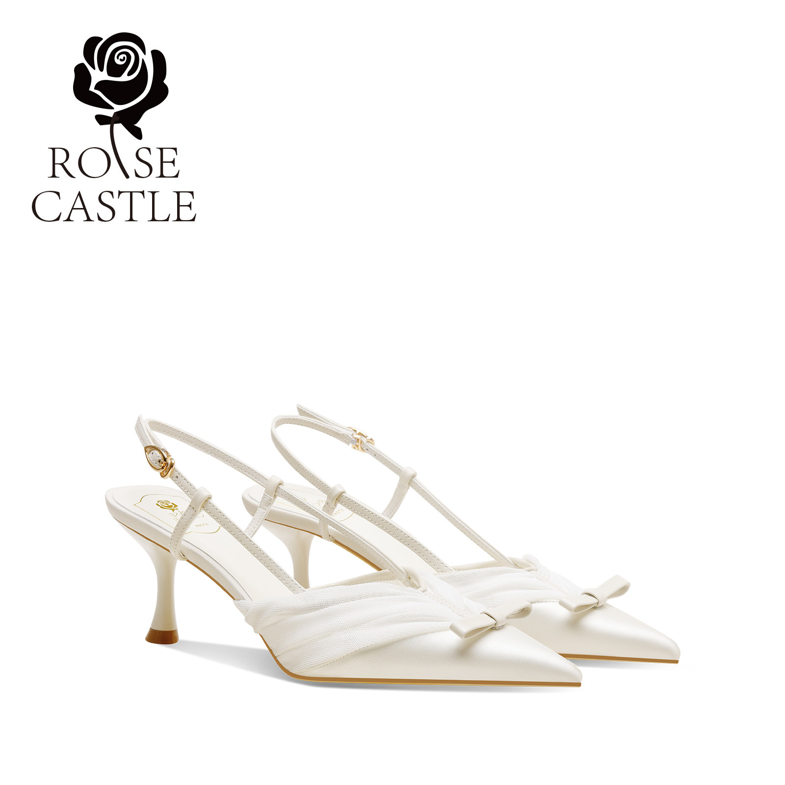 素纱清影rosecastle新款夏季白色婚鞋女蕾丝缎面新娘绝美小