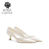 珍珠宴会礼服鞋 白川絮语 婚鞋 女新娘鞋 rosecastle 白色缎面高跟鞋