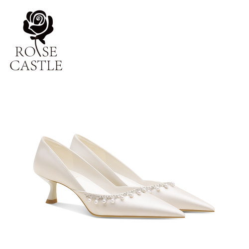 白川絮语 rosecastle 婚鞋女新娘鞋白色缎面高跟鞋珍珠宴会礼服鞋