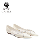 castle水晶链条芭蕾鞋 浅口气质休闲鞋 白色漆皮平底鞋 rose 婚鞋 女