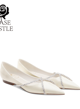 rose castle水晶链条芭蕾鞋浅口气质休闲鞋白色漆皮平底鞋婚鞋女
