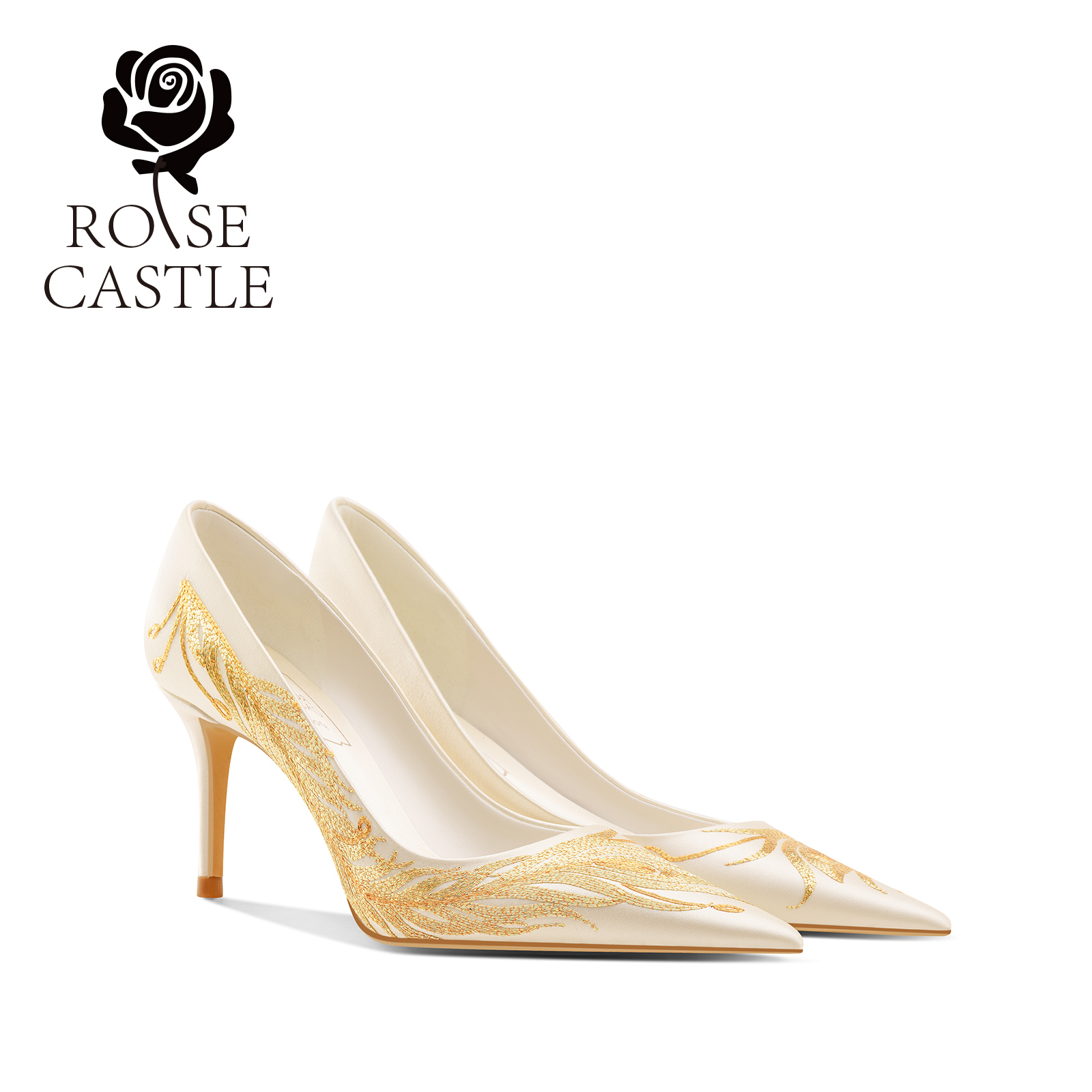 凤尾香罗rosecastle婚鞋女主婚纱手工刺绣香槟色绸缎高跟礼服单鞋