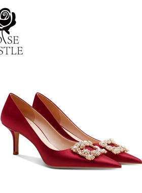 绯色密语 rosecastle 缎面小高跟不累脚红色秀禾婚鞋女宴会礼服鞋