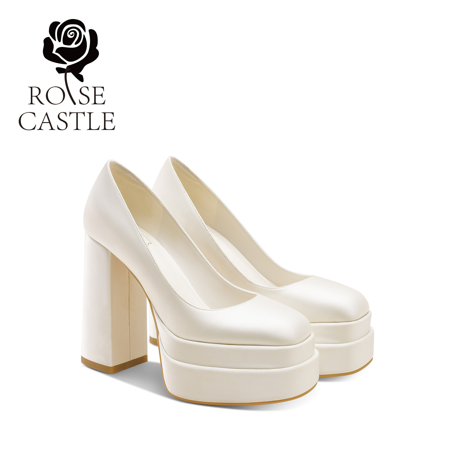 rosecastle白色绸缎防水台高跟鞋女粗跟厚底新娘婚鞋超高跟不累脚,女鞋,婚鞋,淘宝优惠券,粉丝福利购,淘宝优惠卷