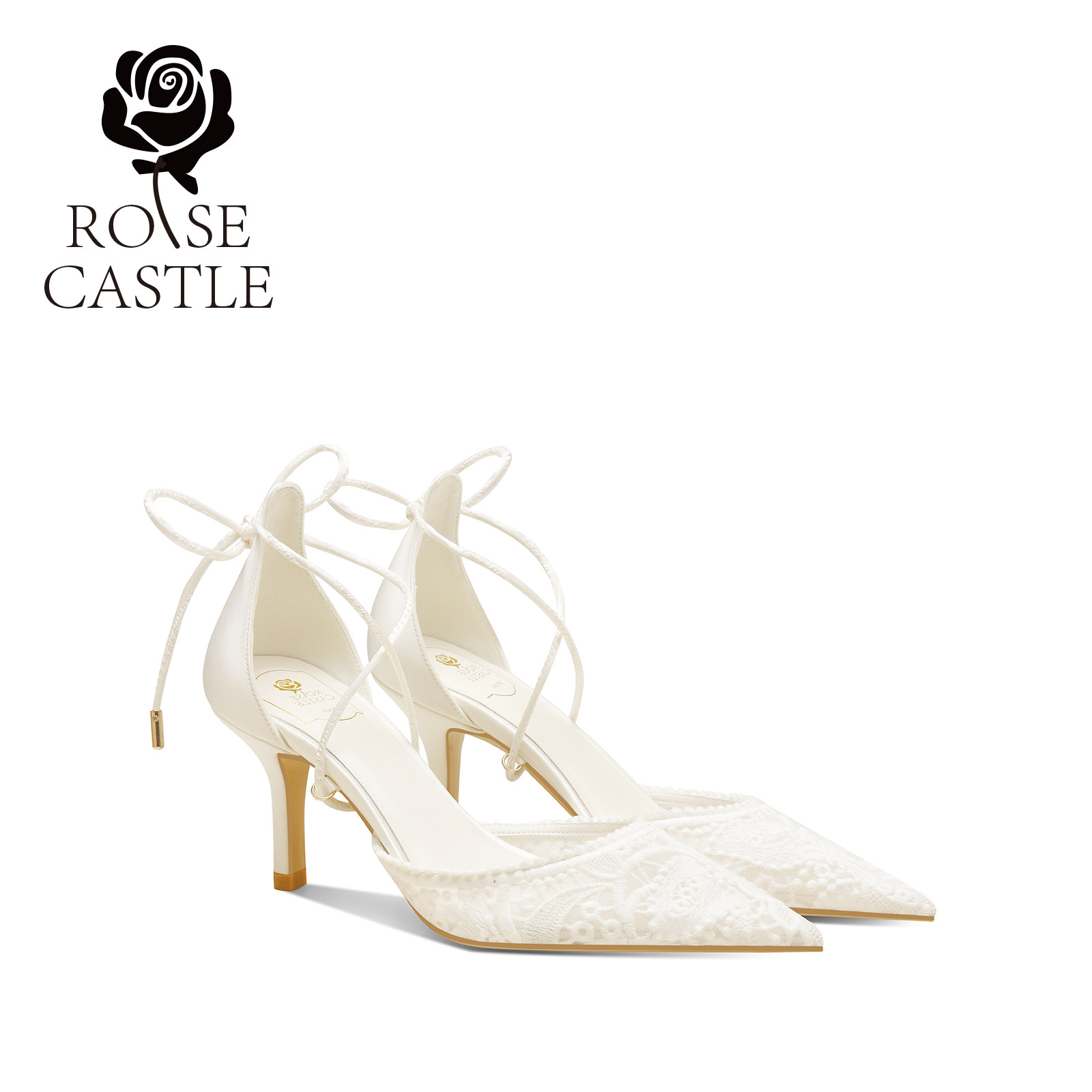 rosecastle法式蕾丝婚鞋女绝美不累脚新娘鞋日常可穿绑带高