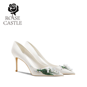 宴会绸缎高跟鞋 铃兰花语rosecastle高级感订婚鞋 白色主婚纱新娘鞋