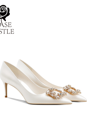 商城同款rose castle婚宴鞋 中跟新娘鞋白色水钻单鞋女绸缎订婚鞋