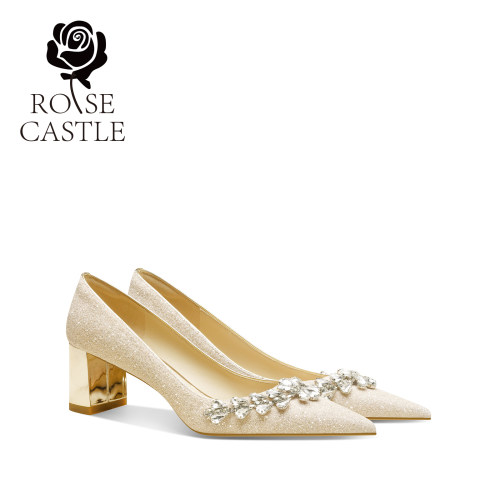 rosecastle轻奢金色水钻粗跟婚鞋