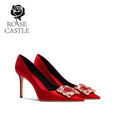 castle婚宴鞋 红色秀禾婚鞋 女中式 rose 婚礼水钻方扣高跟新娘单鞋