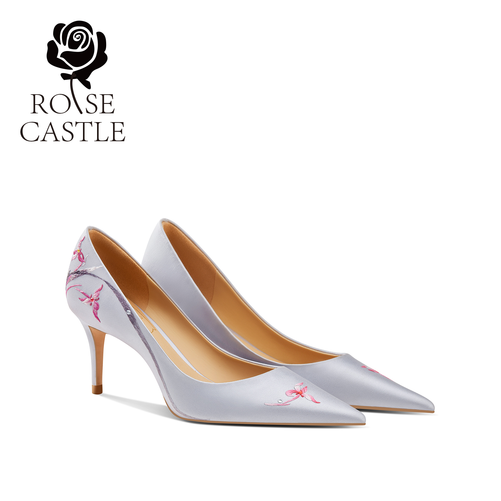 【空谷幽兰】rose castle婚宴鞋手工刺绣新娘婚鞋灰色旗袍高跟鞋
