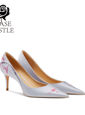 【空谷幽兰】rose castle婚宴鞋手工刺绣新娘婚鞋灰色旗袍高跟鞋