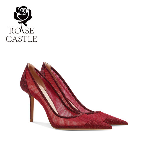 rosecastle 红色秀禾鞋婚鞋女高跟鞋细跟不累脚尖头浅口网纱单鞋
