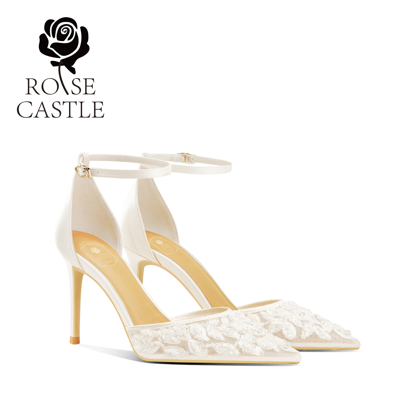 rosecastle一字带蕾丝高跟鞋凉鞋女新款夏季网纱主纱婚鞋女