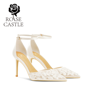 凉鞋 女新娘鞋 女新款 网纱主纱婚鞋 夏季 rosecastle一字带蕾丝高跟鞋