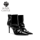 rose 街头一脚蹬黑色高跟短靴 褶皱设计感时尚 castle漆面时装 短靴