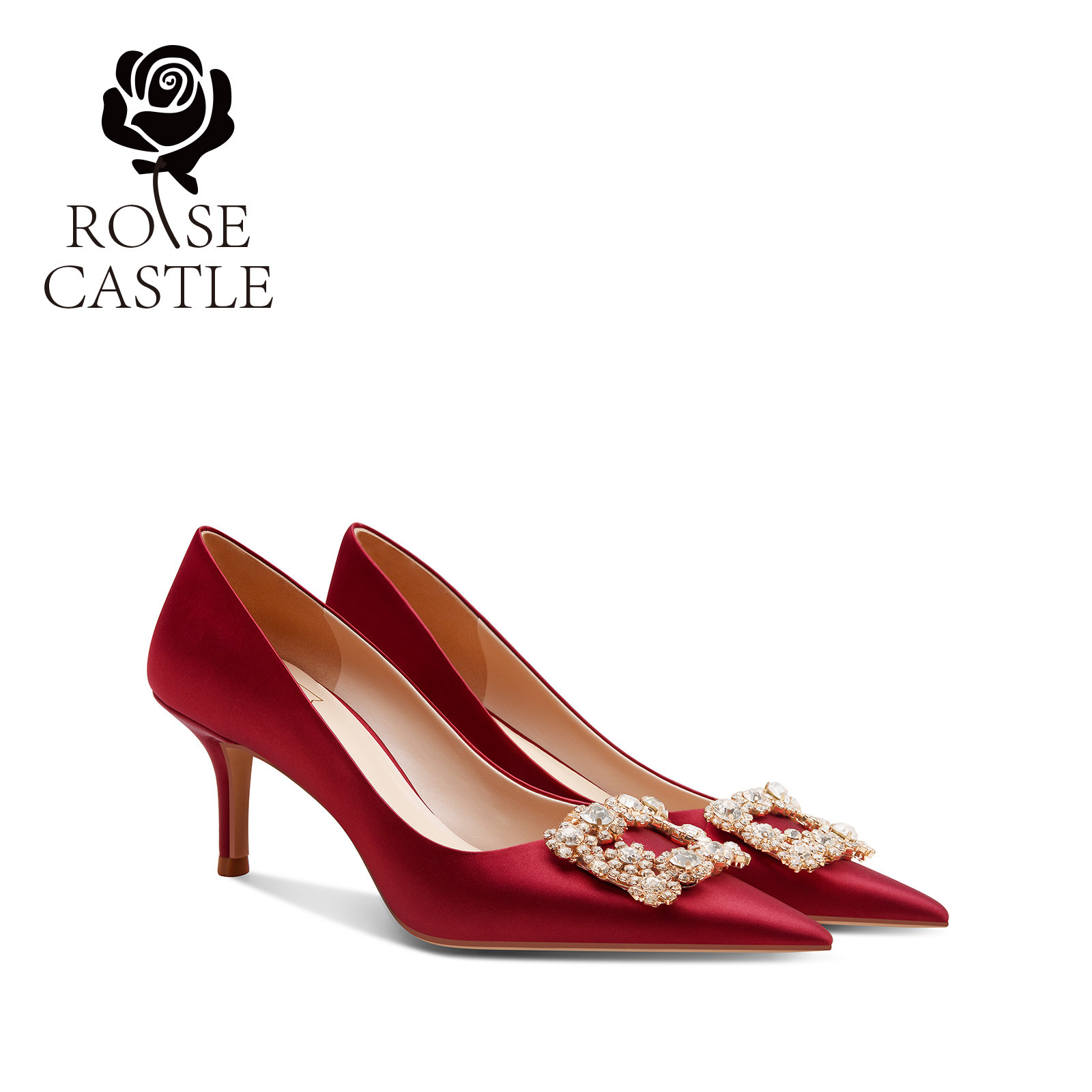 rose castle红色中式秀禾缎面婚鞋女浅口细跟订婚新娘敬酒