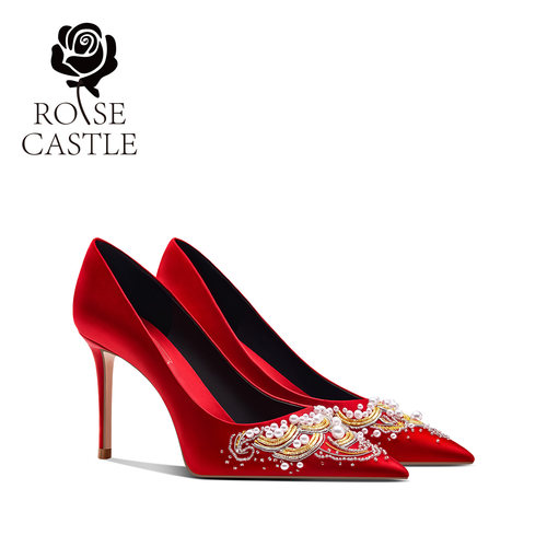 红色缎面尖头细跟高跟鞋女刺绣