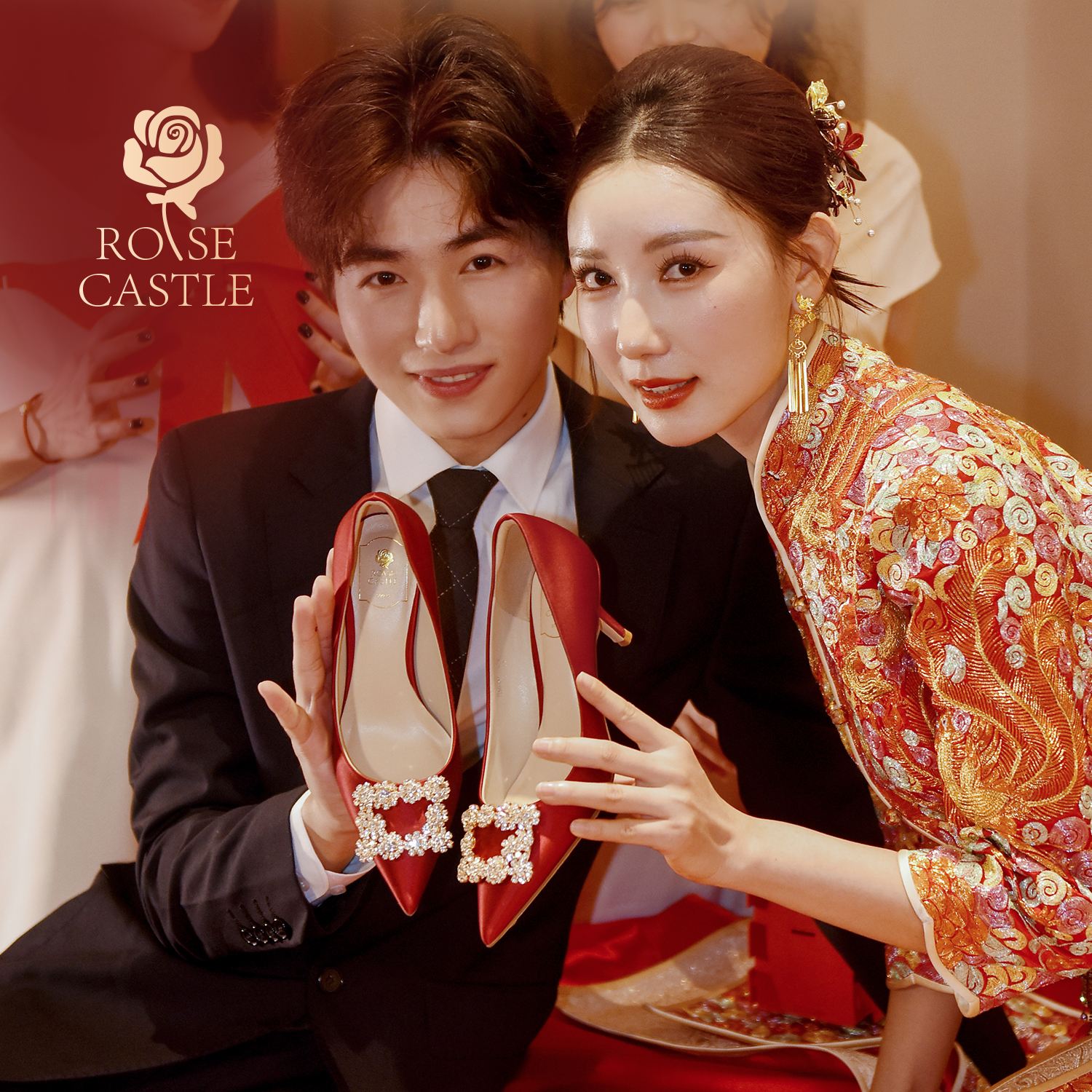 rosecastle红色中式秀禾服婚鞋