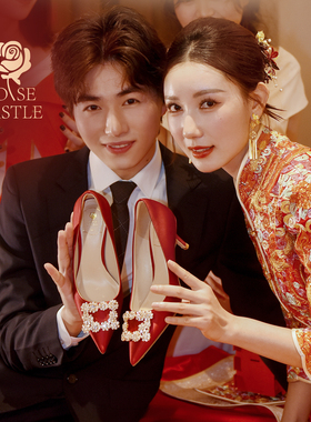 绯色密语rose castle红色中式秀禾服婚鞋女缎面订婚新娘鞋高跟鞋