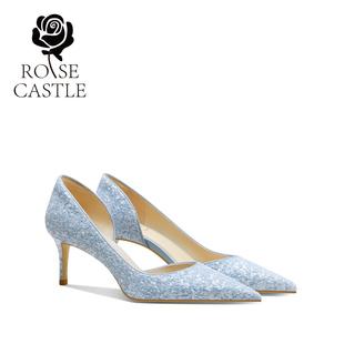 rosecastle蓝色亮片婚鞋女新娘主纱鞋结婚敬酒伴娘鞋不累脚高跟鞋