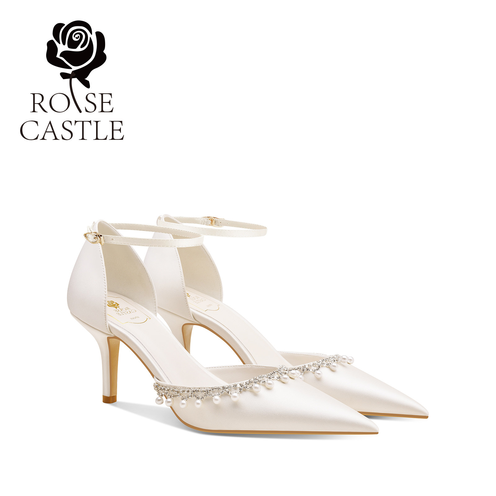 rosecastle法式婚鞋女白色缎面高跟鞋订婚礼服鞋一字带包头