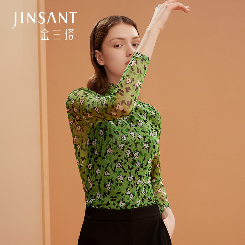 金三塔新品长袖真丝打底衫女100%桑蚕丝网眼印花内搭套头高领上衣