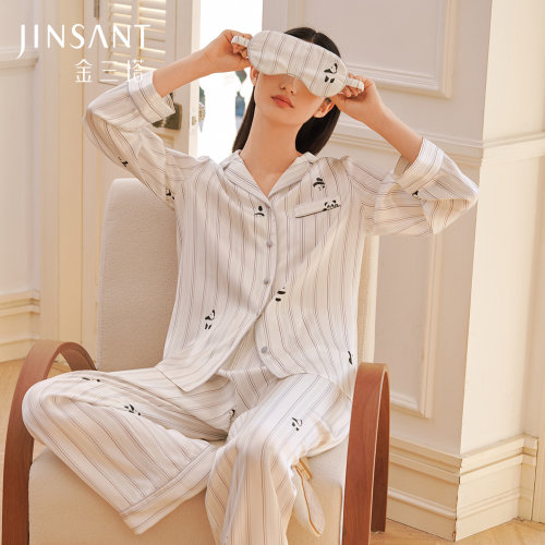 金三塔真丝印花睡衣女100%桑蚕丝萌趣印花情侣男可外穿家居服套装