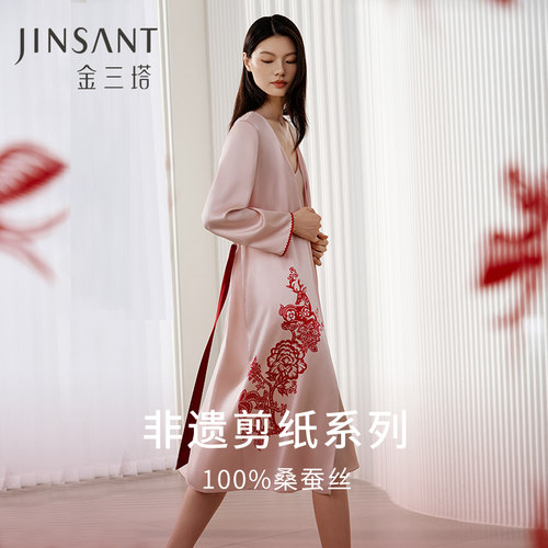 金三塔19姆米重磅真丝睡衣女非遗剪纸系列100%桑蚕丝定位印花睡袍