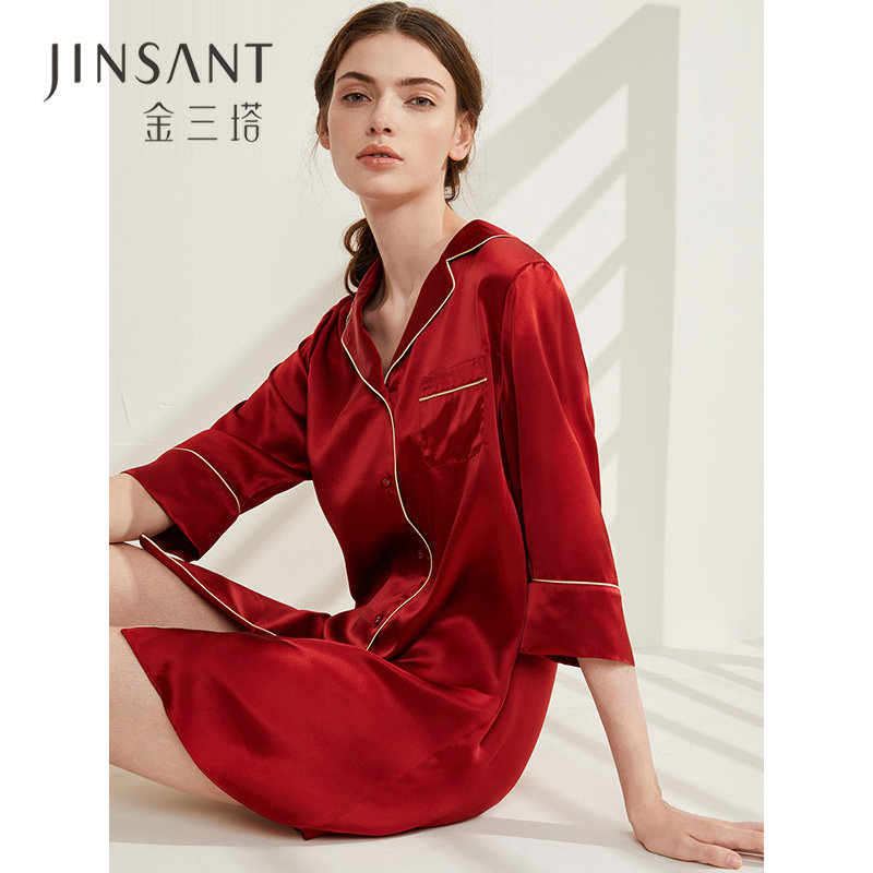 金三塔真丝衬衫式睡裙女100%桑蚕丝性感舒适本命年红色长袖睡衣