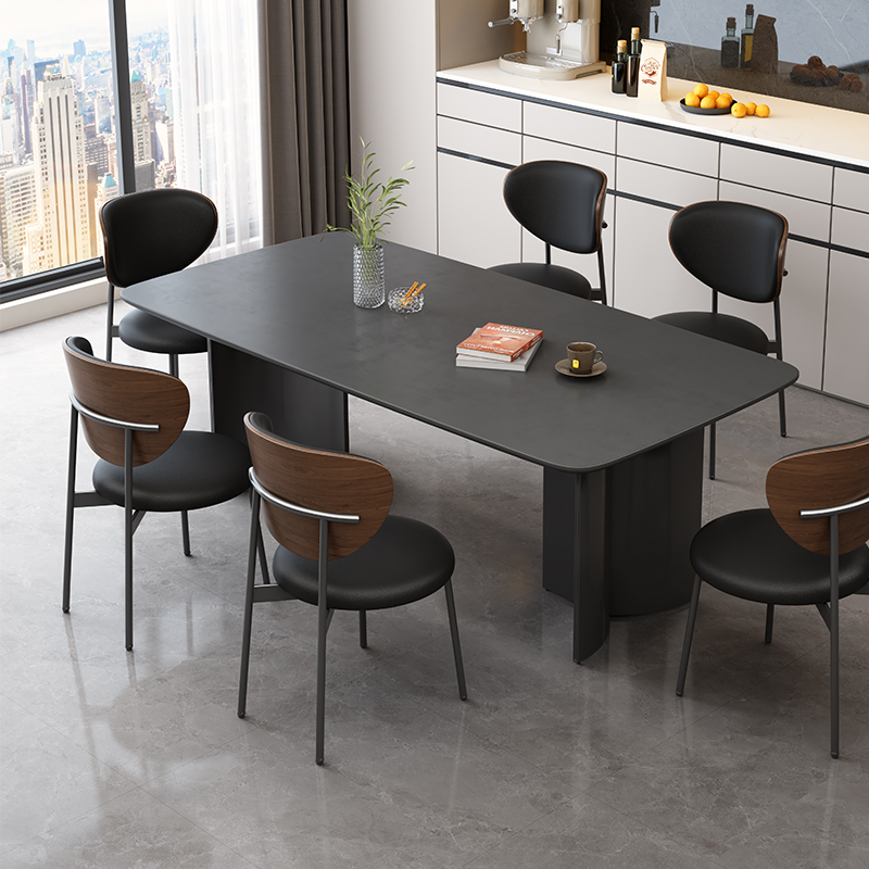 意式轻奢黑色岩板餐桌椅组合简约现代长方形覆古小户型侘寂风饭桌