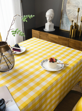 经典黄色格子棉麻布艺粉色格子北欧简约现代蕾丝边餐桌布茶几台布