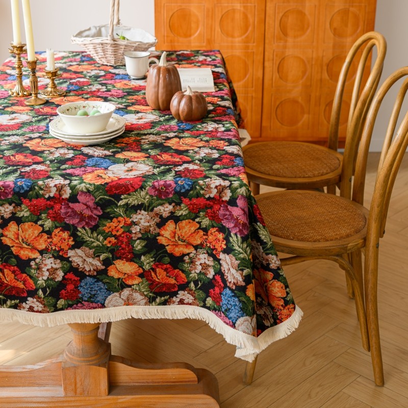 波西米亚复古中古风油画风棉麻布艺亚麻美式高级感碎花桌布台布