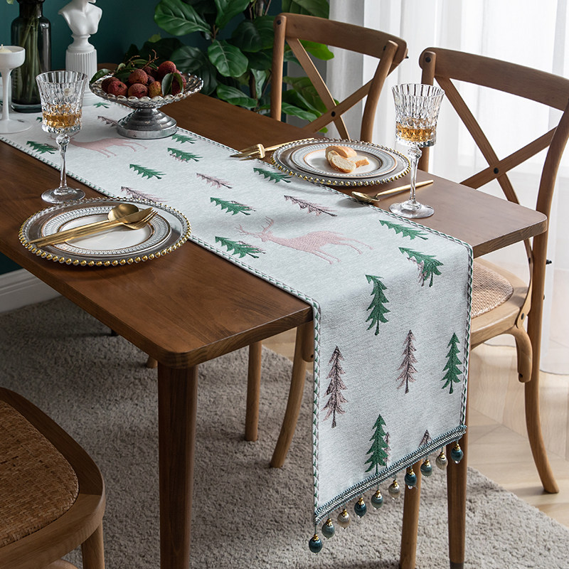 圣诞树桌旗长方形长条餐桌布茶几电视柜加长流苏高端卡通麋鹿盖布