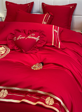 大红色婚庆四件套纯棉全棉100新婚床单盖被套结婚房喜庆床上用品4