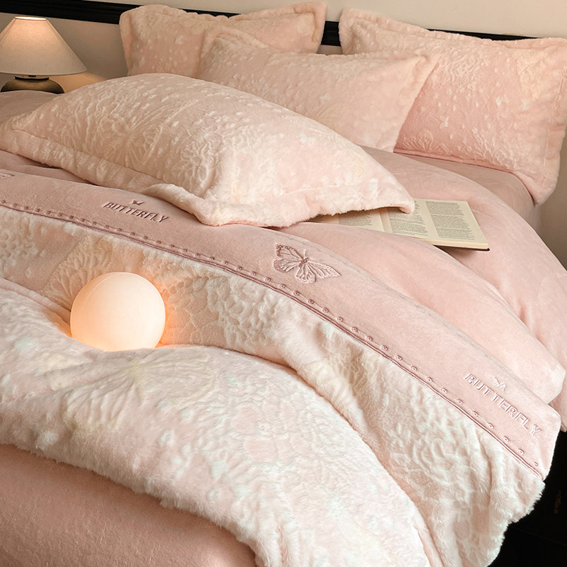 冬季烂花兔毛绒四件套2025新款双面加厚牛奶绒珊瑚绒被套床单床品