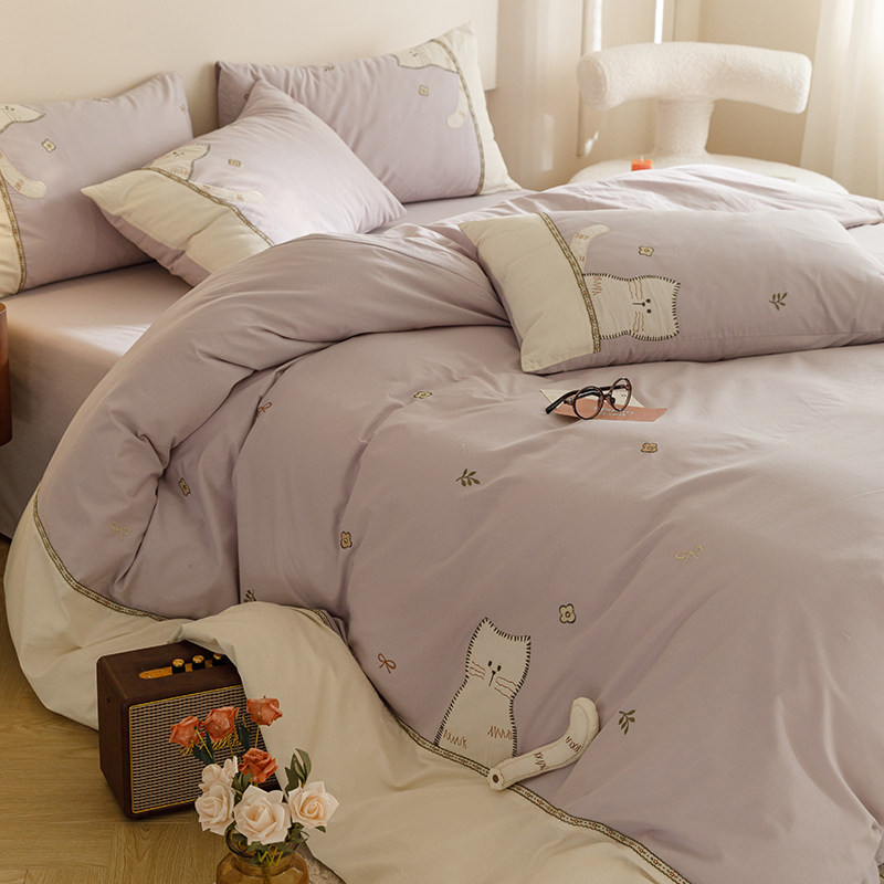 卡通贴布绣全棉水洗棉绣花四件套2025年新款纯棉床单被套床上用品