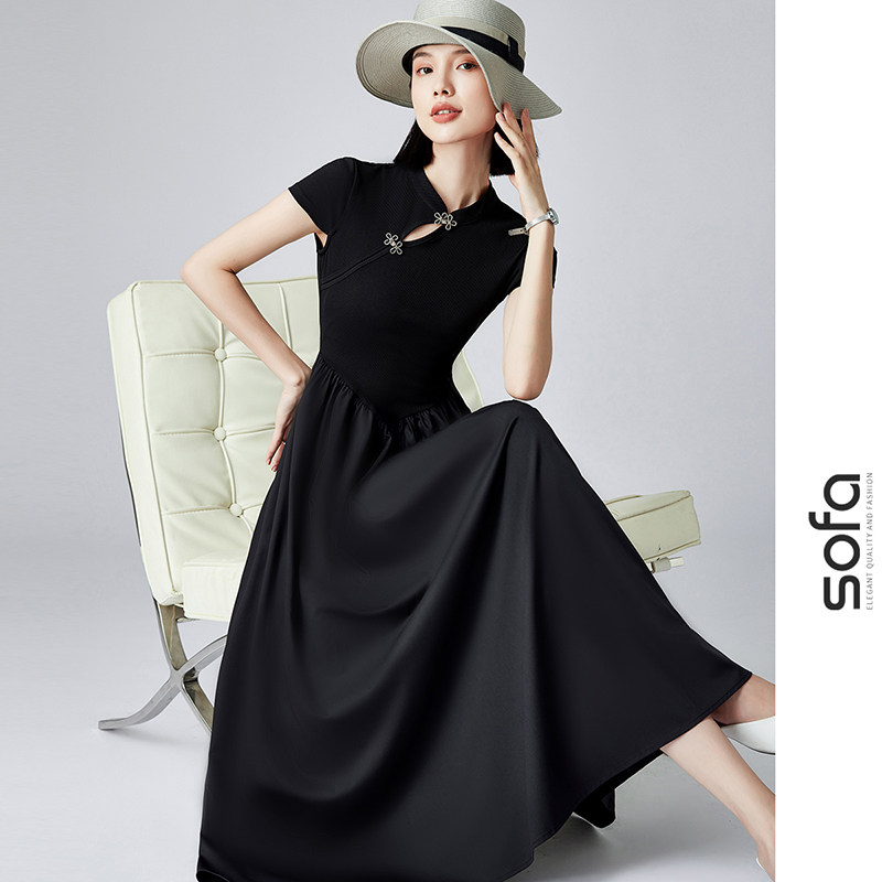 sofa优雅气质新中式旗袍领连衣裙女2023夏季新款收腰显瘦小黑裙