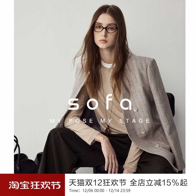sofa棉麻混纺时髦无领廓形西装