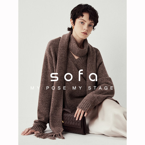 sofa|重磅花纱&超细100%全羊毛混色云朵感简约R*W风V领毛衣+围巾