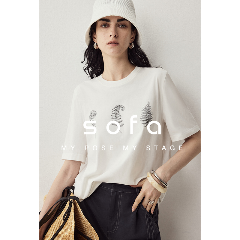 sofa时髦慵懒手工钉珠棉质T恤