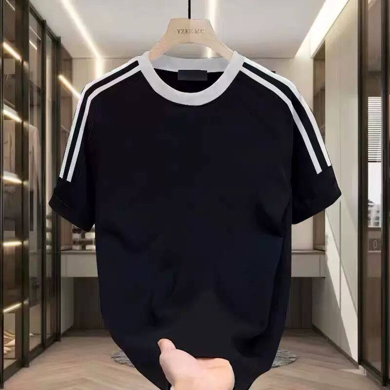 潮牌美式纯棉短袖t恤男夏季休闲运动三条杠半袖上衣体恤ins条纹衫