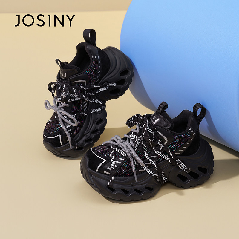 卓诗尼2025年秋冬厚底老爹鞋女黑色百搭休闲运动鞋小个子增高