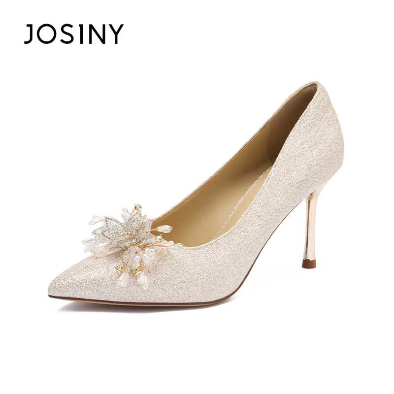 卓诗尼2025年夏季新款单鞋水晶禾红色新娘鞋高跟鞋尖头