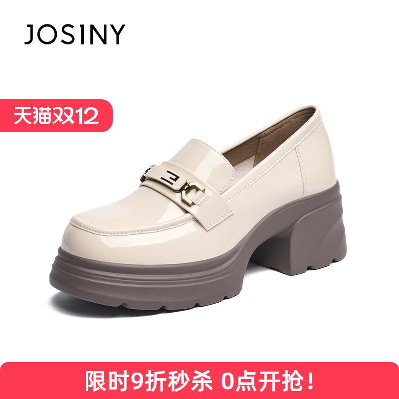 卓诗尼2025年夏季新款厚底粗跟乐福鞋女英伦风黑色高跟单鞋